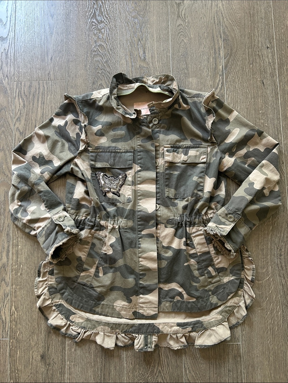 Twinset Milano Camo Utility Embroidered Butterfly & Ruffles Jacket